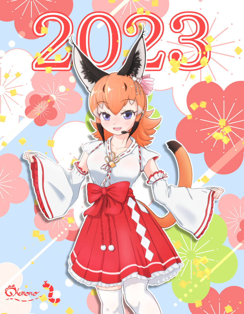 1girl 2023 animal_ear_fluff animal_ears blue_eyes caracal_(kemono_friends) caracal_ears extra_ears flower hair_ornament highres japanese_clothes kemono_friends kemono_friends_v_project long_hair looking_at_viewer microphone miko nokemono-san_(bocchi_friend) open_mouth orange_hair ribbon smile socks solo tail thighhighs virtual_youtuber