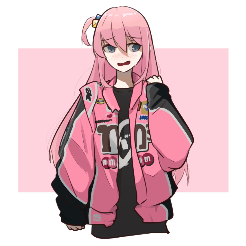 1girl absurdres alpinestars alternate_costume bangs black_shirt blush bocchi_the_rock! border cube_hair_ornament english_commentary hair_ornament hand_up highres hitori_bocchi holeecrab jacket looking_to_the_side m&amp;m's pink_background pink_hair pink_jacket puffy_sleeves racing shirt sidelocks simple_background solo t-shirt white_border