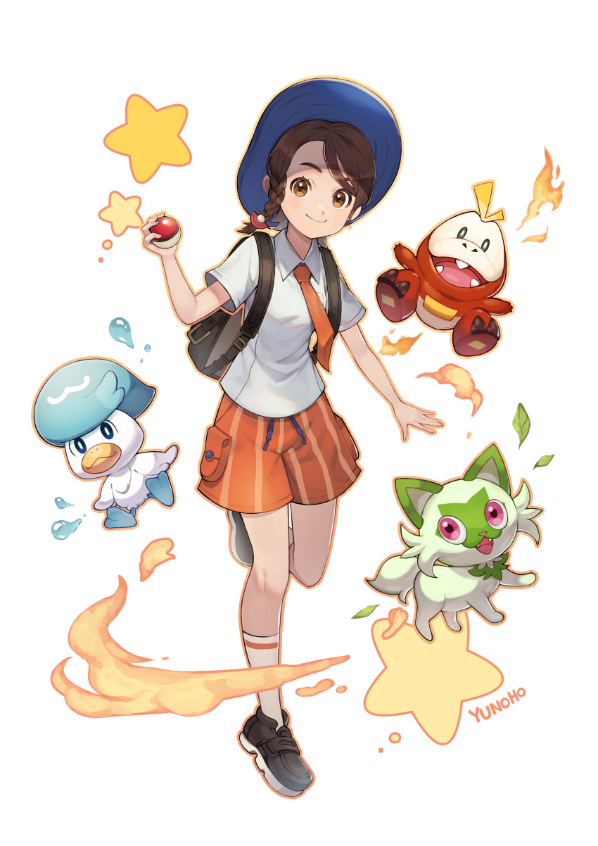 1girl absurdres backpack bag bangs black_footwear blue_headwear braid brown_eyes brown_hair closed_mouth collared_shirt commentary_request fuecoco hand_up hat highres holding holding_poke_ball juliana_(pokemon) knees looking_at_viewer necktie orange_necktie orange_shorts poke_ball poke_ball_(basic) pokemon pokemon_(creature) pokemon_(game) pokemon_sv quaxly shirt shoes shorts signature smile socks sprigatito star_(symbol) starter_pokemon_trio white_background white_socks yugo_(yuno65)