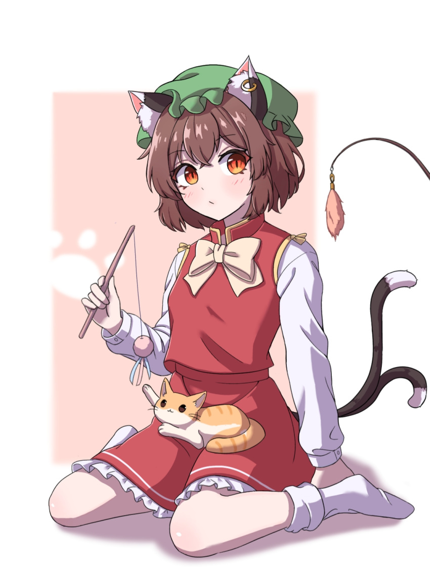 1girl :/ :3 animal_ear_fluff animal_ears arm_at_side arm_up bangs bobby_socks bow bowtie breasts brown_eyes brown_hair cat cat_ears cat_tail cat_teaser chen closed_mouth commentary crossed_bangs earrings frills full_body gold_trim green_headwear hair_between_eyes hand_up hat highres hihi_(cvwv4322) jewelry light_blush long_sleeves looking_at_viewer mob_cap multiple_tails nekomata paw_print petticoat pink_background playing red_skirt red_vest short_hair simple_background single_earring sitting skirt skirt_set slit_pupils small_breasts socks solo tail touhou two_tails vest wariza white_background white_bow white_bowtie white_socks