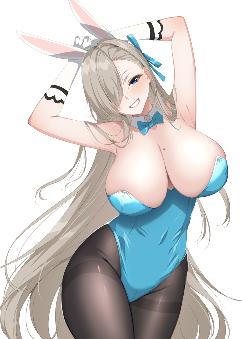 1girl absurdres animal_ears armpits arms_up asuna_(blue_archive) asuna_(bunny)_(blue_archive) bangs bare_shoulders black_pantyhose blue_archive blue_bow blue_bowtie blue_eyes blue_leotard blue_ribbon blush bow bowtie breasts collar commentary_request cowboy_shot detached_collar elbow_gloves fake_animal_ears gloves grin groin hair_over_one_eye hair_ribbon head_tilt highleg highleg_leotard highres large_breasts leotard light_brown_hair long_bangs long_hair looking_at_viewer mole mole_on_breast official_alternate_costume one_eye_covered pantyhose playboy_bunny rabbit_ears ribbon sidelocks smile solo strapless strapless_leotard swept_bangs teeth thighband_pantyhose thighs very_long_hair white_background white_collar white_gloves wing_collar yu-ta