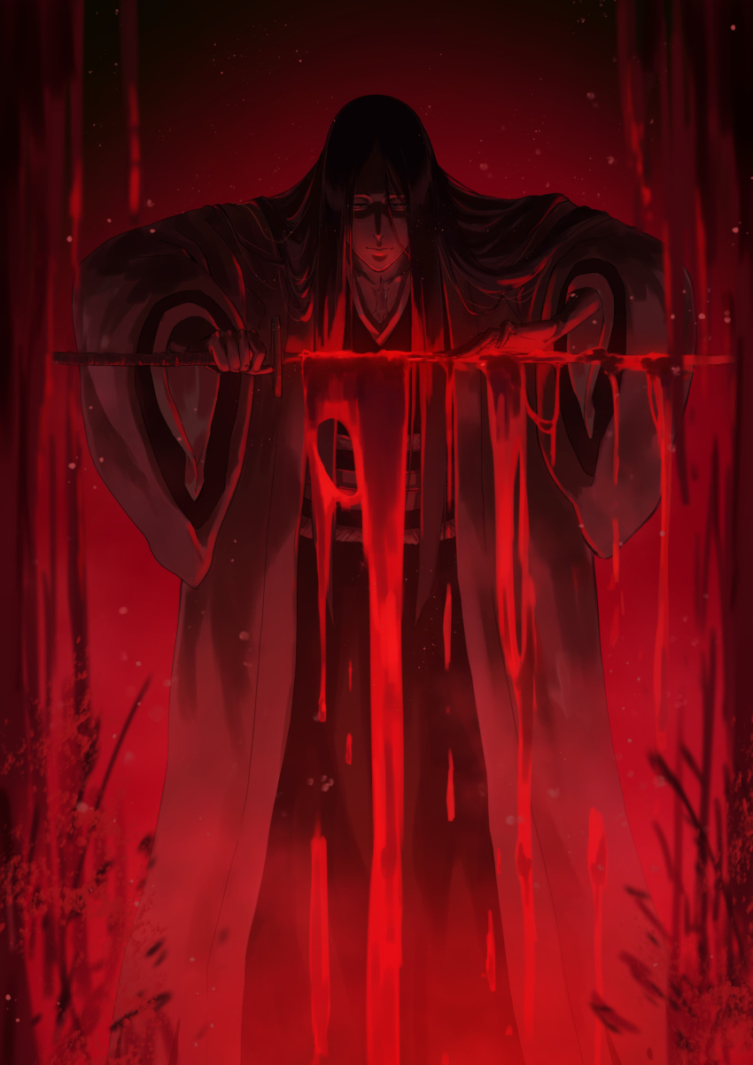 1girl absurdres bangs bankai black_hair black_kimono bleach bleach:_the_thousand-year_blood_war blood collarbone dark_background half-closed_eyes hand_on_hilt haori highres holding holding_sword holding_weapon japanese_clothes katana kimono lips long_hair long_sleeves looking_at_viewer mitarashi_(5333069) nose parted_bangs red_background scar shaded_face smile solo standing straight_hair sword unohana_retsu weapon wide_sleeves