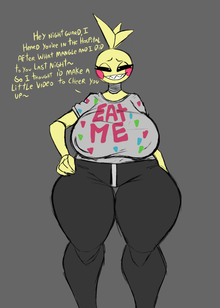 absurd_res animatronic anthro avian big_breasts bird black_sclera bottomwear breasts chicken clothing cumlord dialogue eyelashes female five_nights_at_freddy's five_nights_at_freddy's_2 galliform gallus_(genus) grey_background grey_bottomwear grey_clothing grey_pants grey_shirt grey_topwear hand_on_hip head_feathers head_tuft hi_res huge_breasts machine narrowed_eyes nipple_outline pants phasianid robot rosy_cheeks scottgames sharp_teeth shirt simple_background smile solo talking_to_viewer teeth text text_on_clothing thick_thighs topwear toy_chica_(fnaf) tuft white_eyes wide_hips yellow_body