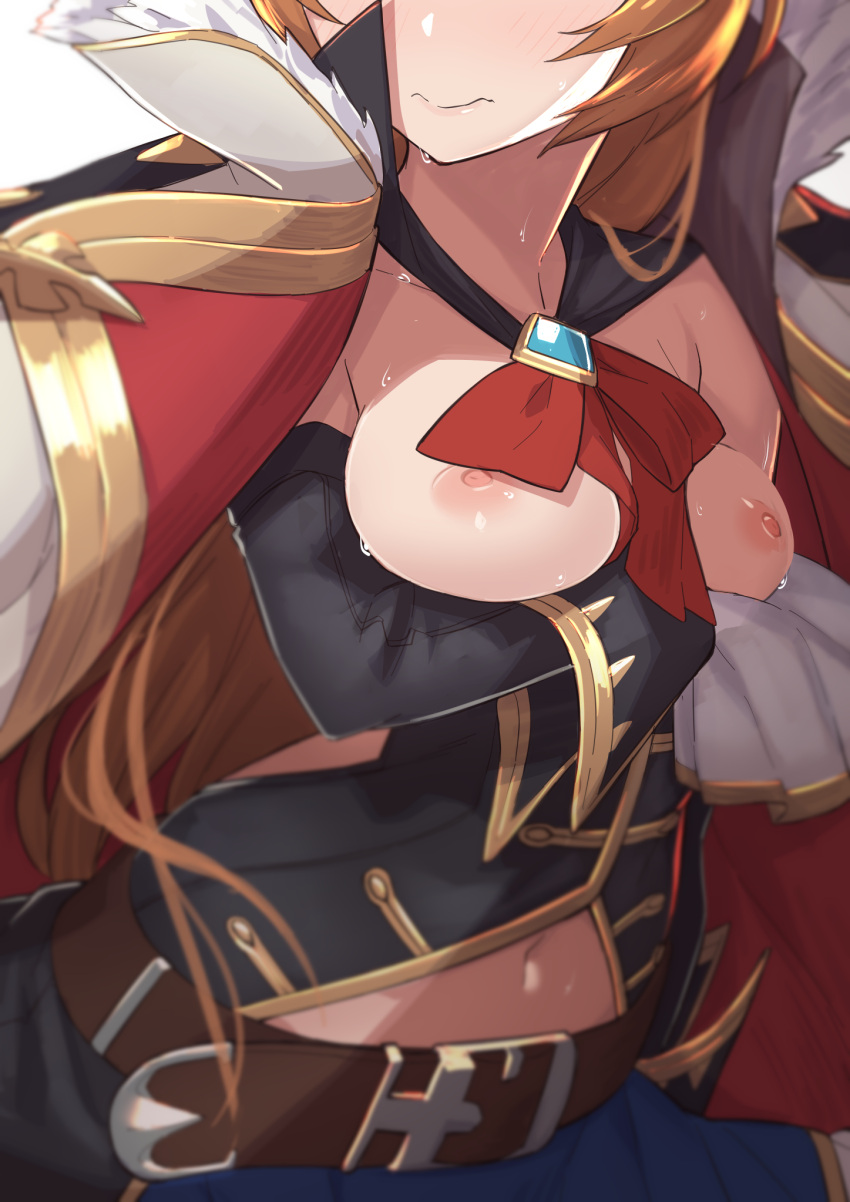 1girl belt bow breasts breasts_out brown_hair cape crossed_arms granblue_fantasy head_out_of_frame highres lecia_(granblue_fantasy) morisobo navel nipples red_bow simple_background solo white_background