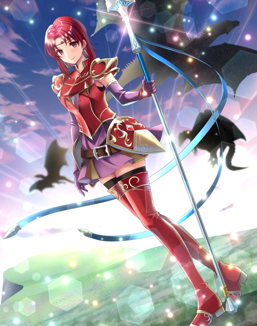 1girl armor belt black_thighhighs blurry boots breastplate circlet commission depth_of_field dragon dress dutch_angle earrings elbow_gloves fire_emblem fire_emblem:_the_binding_blade gloves highres holding holding_polearm holding_weapon jewelry kakiko210 light_particles looking_at_viewer medium_hair melady_(fire_emblem) polearm purple_gloves red_eyes red_footwear red_hair red_thighhighs short_dress skeb_commission sleeveless sleeveless_dress smile solo thigh_boots thighhighs weapon zettai_ryouiki