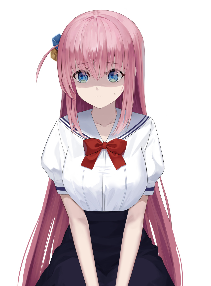 1girl black_skirt blue_eyes bocchi_the_rock! bow breasts closed_mouth cube_hair_ornament doggo34476335 gotou_hitori hair_ornament highres large_breasts long_hair looking_away looking_to_the_side one_side_up pink_hair red_bow sailor_collar school_uniform serafuku shaded_face shirt short_sleeves simple_background sitting skirt solo very_long_hair white_background white_sailor_collar white_shirt