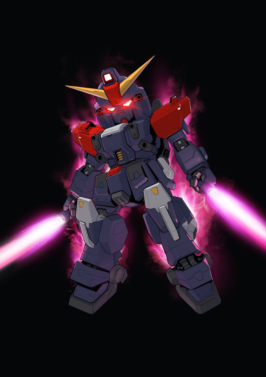 absurdres beam_saber black_background blue_destiny_02 dated_commentary deformed dual_wielding full_body glowing glowing_eyes gundam gundam_side_story:_the_blue_destiny highres holding holding_sword holding_weapon looking_at_viewer mecha mobile_suit no_humans red_eyes robot science_fiction solo sword v-fin weapon zakuma