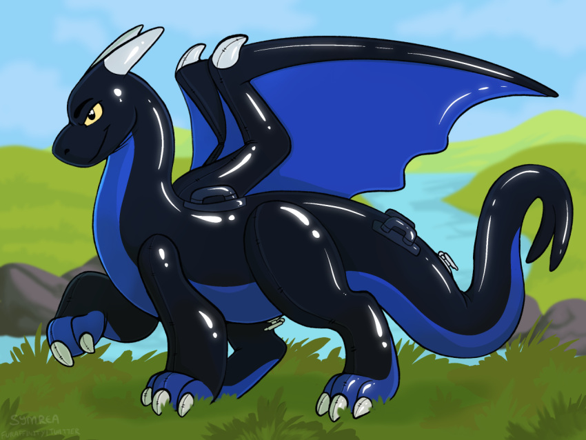 animate_inanimate black_body dragon horn inflatable living_inflatable membrane_(anatomy) membranous_wings pool_toy scalie solo symrea wings yellow_eyes