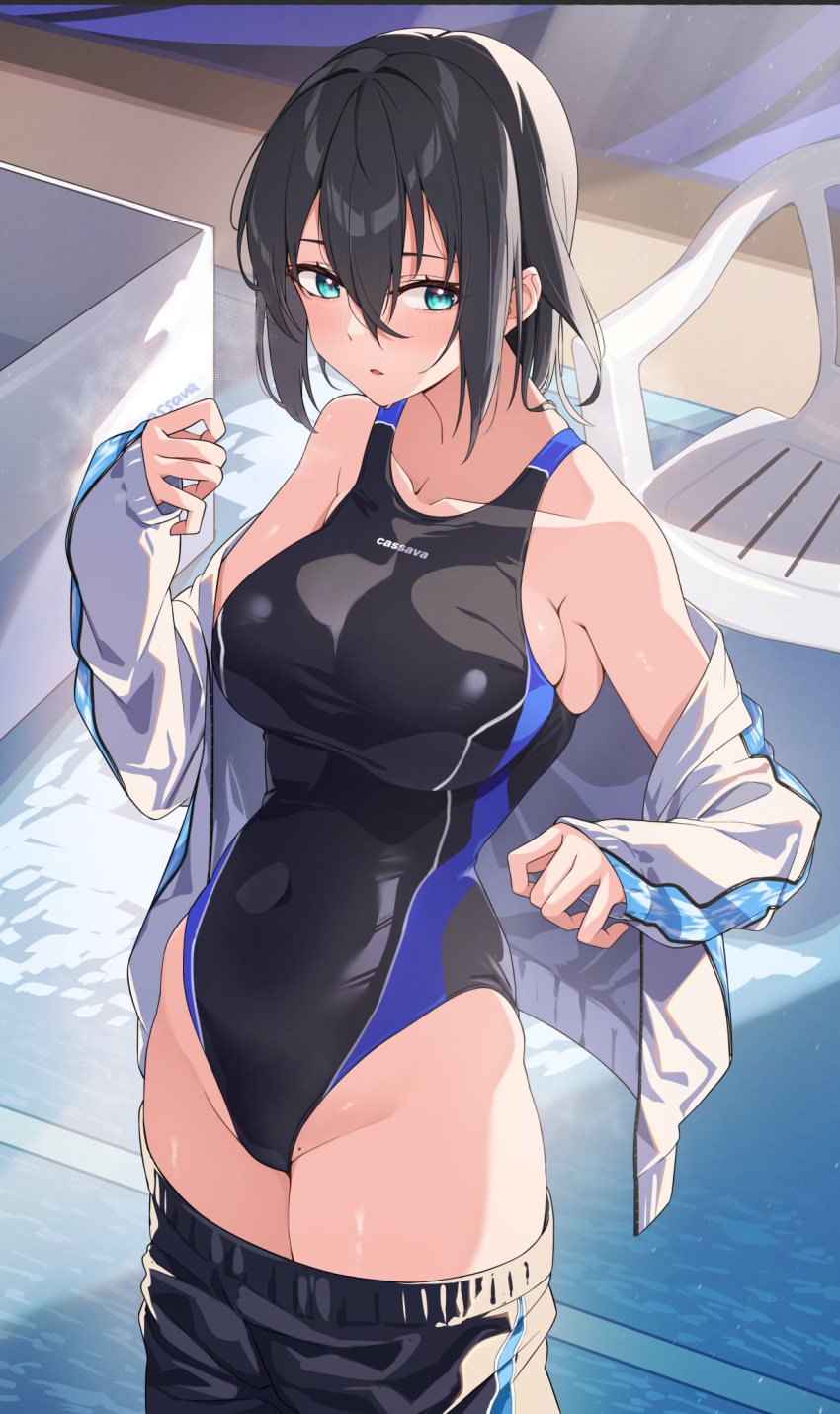 1girl bangs blue_eyes breasts chair changing_clothes collarbone commentary competition_swimsuit duplicate hair_between_eyes highres jacket large_breasts looking_at_viewer mole mole_on_pussy one-piece_swimsuit open_clothes open_jacket open_mouth original pants pixel-perfect_duplicate point_guard-chan_(tapioka_(oekakitapioka)) solo standing sweatpants swimsuit tapioka_(oekakitapioka) white_jacket