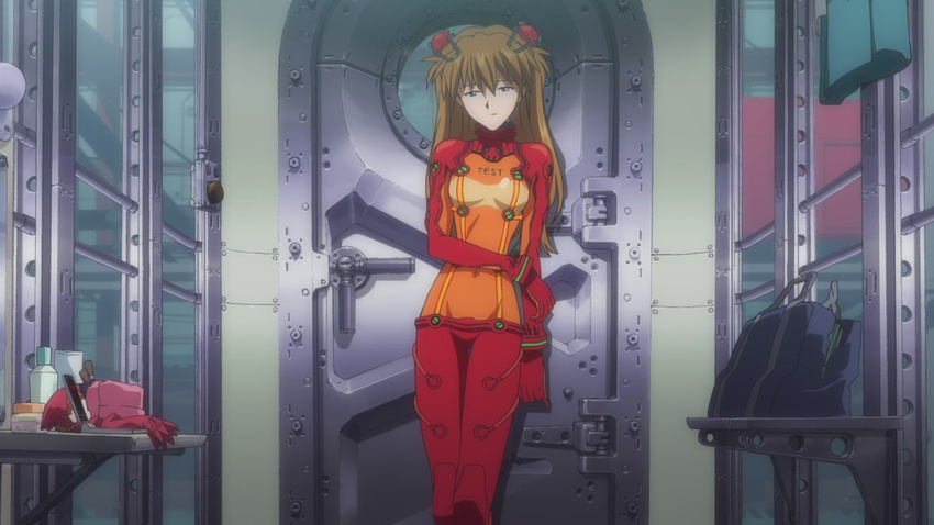 against_wall bag bangs blue_eyes bodysuit bottle bracer breasts brown_hair cellphone clothes_writing covered_navel door evangelion:_2.0_you_can_(not)_advance gloves groin hair_ornament hairpods half-closed_eyes highres jar light_smile long_hair makeup_brush neon_genesis_evangelion phone pilot_suit plugsuit rebuild_of_evangelion screencap shikinami_asuka_langley skinny small_breasts smile solo souryuu_asuka_langley standing test_plugsuit thigh_gap turtleneck window