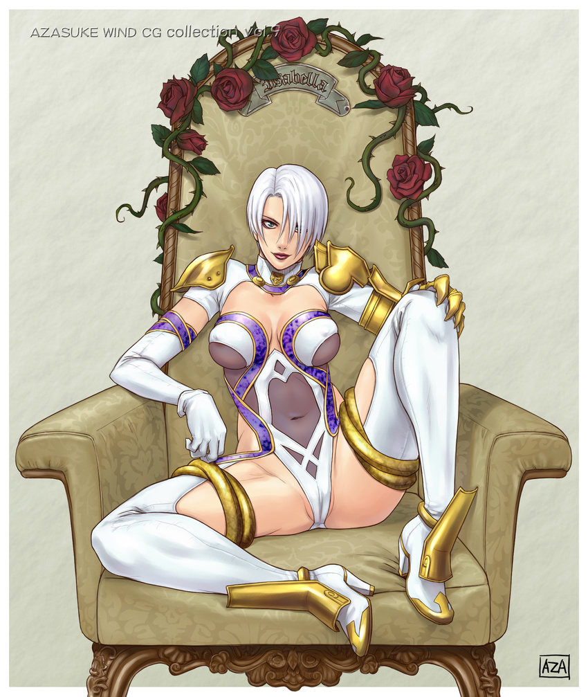 armor azasuke boots breasts cameltoe chair elbow_gloves erect_nipples female flower full_body gauntlet gauntlets gloves green_eyes hair_over_one_eye highres isabella_valentine leg_lift leotard lipstick looking_at_viewer makeup midriff navel rose see-through short_hair sitting solo soul_calibur soulcalibur_iii spread_legs thigh_boots thighhighs vine vines white_hair