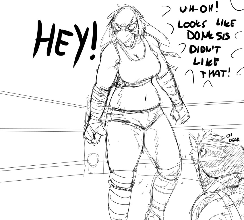 anthro big_breasts black_and_white boss_lamb_(hladilnik) bovid breasts caprine clothed clothing dialogue donk_sis english_text equid equine female hladilnik horse mammal mask monochrome pro_bun_(hladilnik) sheep text tinker_(hladilnik) wrestling wrestling_match zebra_dad_(hladilnik)