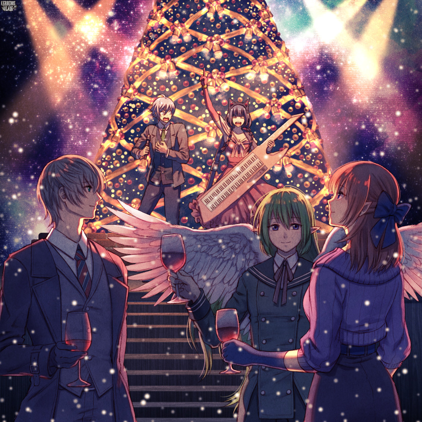 2boys 3girls angel angel_wings animal_ears arm_up bell black_hair blue_bow blue_eyes bow bracelet braid breasts brown_hair christmas_tree cleavage clutch2130 coat copyright_name cup dress drinking_glass elbow_gloves eyes_closed facing_another facing_viewer gloves green_coat green_hair green_neckwear grey_skirt grey_suit grey_vest hair_bow highres holding holding_cup holding_microphone instrument jewelry kerberos_blade keytar long_hair long_sleeves medium_hair microphone multiple_boys multiple_girls necktie night night_sky official_art ornament pointy_ears red_dress ribbed_sweater ribbon silver_hair skirt sky snowing stairs standing striped striped_neckwear sweatdrop sweater twin_braids vest wine_glass wings yellow_ribbon