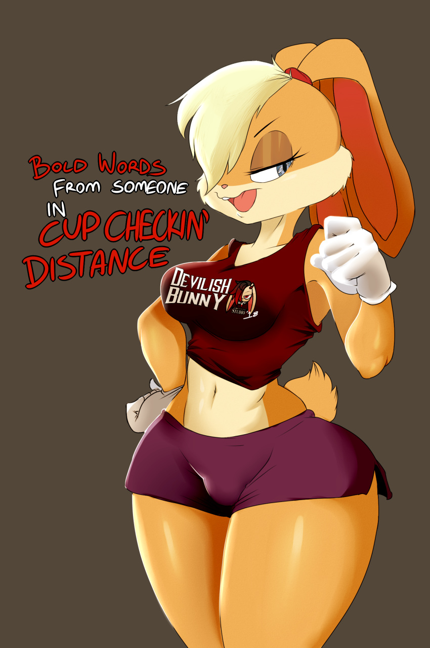 2018 blonde_hair blue_eyes breasts clothing female hair jaynatorburudragon lagomorph lola_bunny looney_tunes mammal open_mouth rabbit simple_background solo text thick_thighs tight_clothing warner_brothers