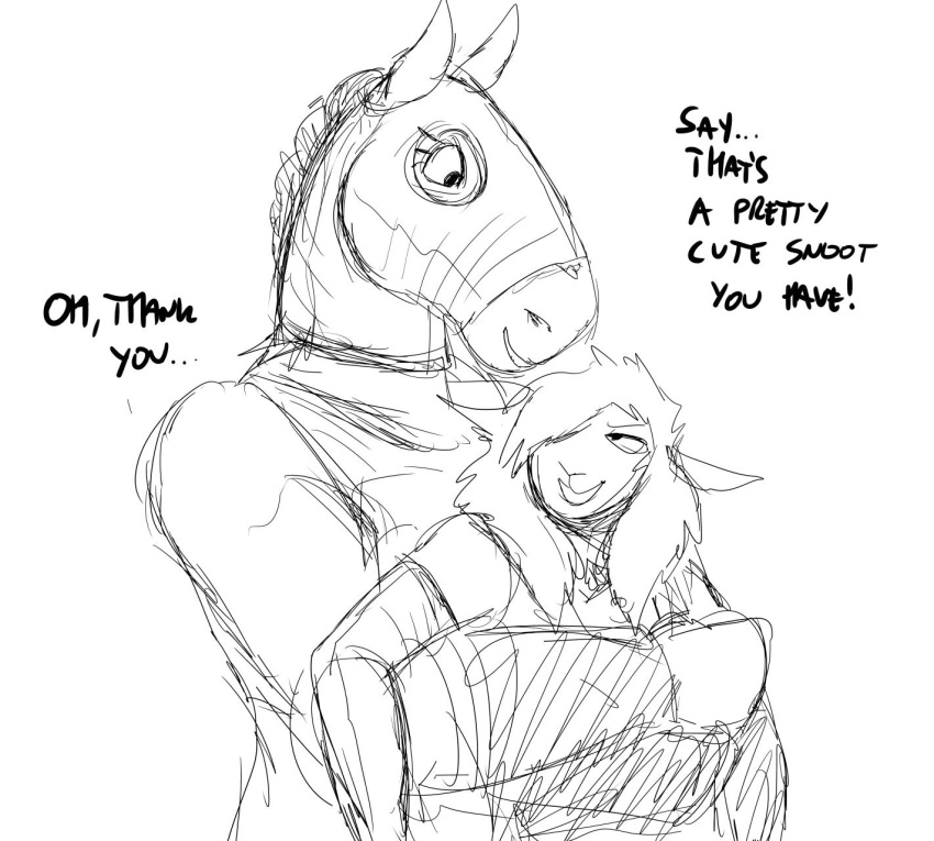 anthro bear_hug big_breasts black_and_white blush boss_lamb_(hladilnik) breasts clothed clothing dialogue embarrassed english_text equid equine female hladilnik horse it's_a_trap mammal mask monochrome text tinker_(hladilnik) wrestling wrestling_match