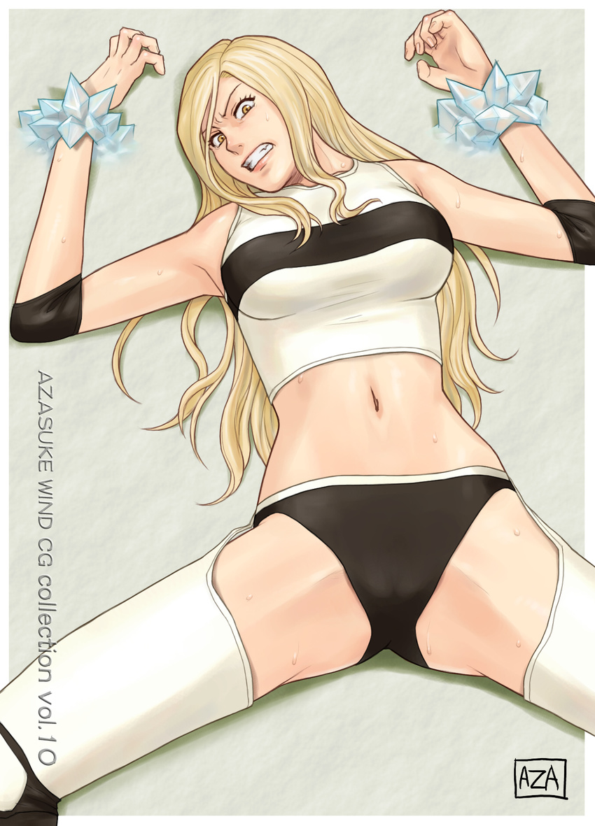 angry azasuke blonde_hair breasts cameltoe clenched_teeth female from_above highres ice julia_(rave_master) long_hair lying midriff navel on_back rave rave_master restrained solo spread_legs sweat tank_top teeth thighhighs yellow_eyes