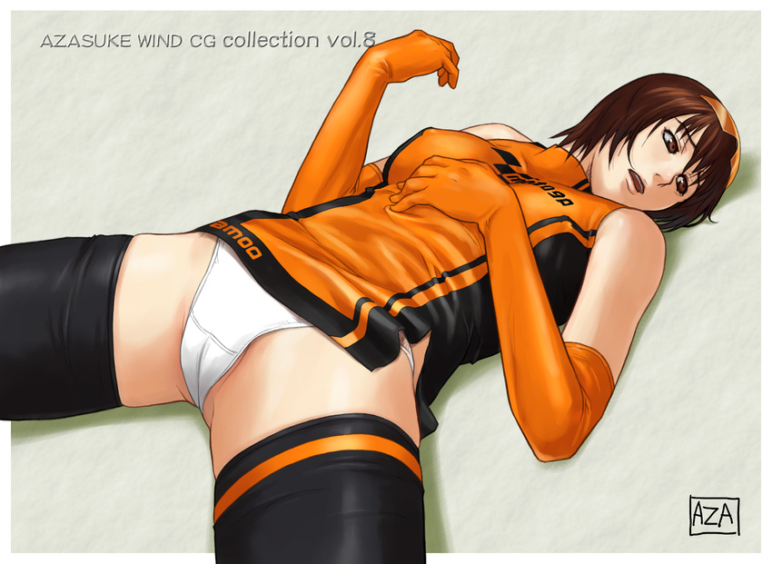 azasuke black_legwear black_thighhighs brown_eyes brown_hair cameltoe dress elbow_gloves female gloves highres hitomi_yoshino lying namco on_back panties race_queen racequeen short_hair solo spread_legs sunglasses thighhighs underwear upskirt white_panties