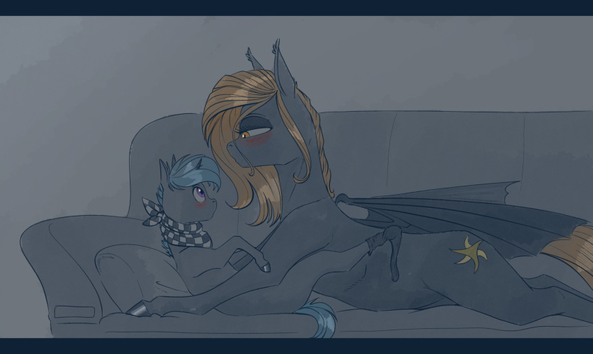 2022 age_difference bandanna bat_pony bat_wings blush clothing digital_media_(artwork) duo equid equine fan_character female feral footwear furniture hair hasbro hi_res horse kerchief larger_female lucent_(oc) lying male male/female mammal membrane_(anatomy) membranous_wings mother mother_and_child mother_and_son my_little_pony older_female on_back orange_eyes parent parent_and_child pony purple_eyes simple_background size_difference smaller_male socks sofa son stray_prey wings young younger_male