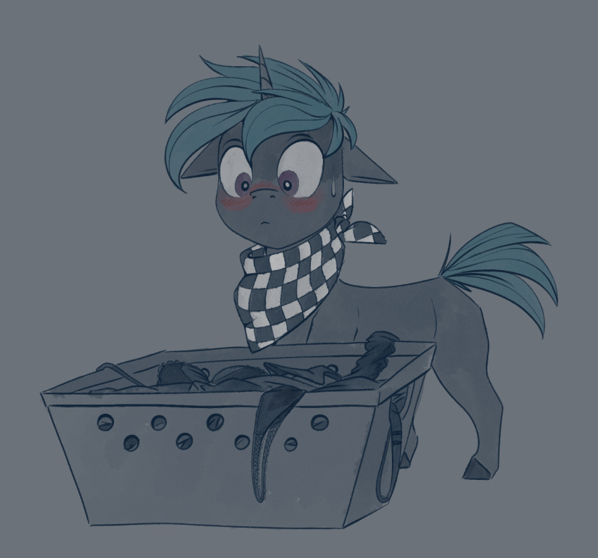 2022 bandanna blush bodily_fluids bra clothing digital_media_(artwork) equid equine fan_character feral flustered hair hamper hasbro hi_res horn horse kerchief laundry_basket lucent_(oc) male mammal my_little_pony panties pony purple_eyes solo stray_prey sweat sweatdrop underwear unicorn young