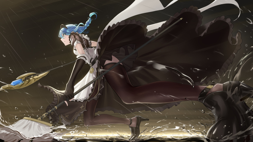 1girl absurdres apron black_thighhighs blue_eyes blue_hair braid braided_ponytail broom dress dual_wielding elbow_gloves fingerless_gloves foreshortening gloves halberd high_heels highres holding hololive hoshimachi_suisei maid maid_apron maid_headdress official_alternate_costume polearm solo somebody_(leiking00) thighhighs virtual_youtuber water weapon