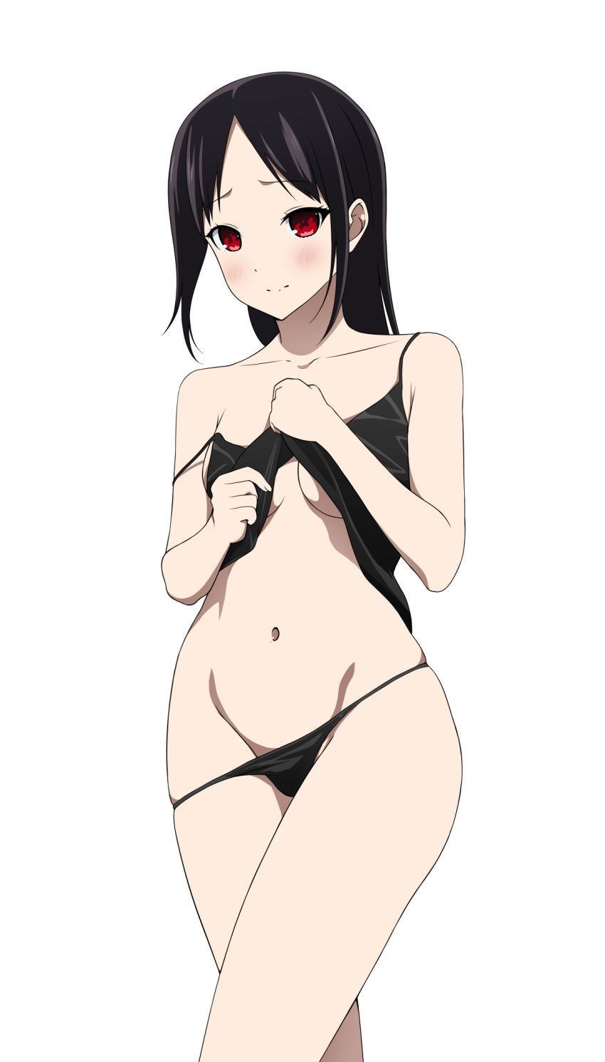 1girl black_hair black_panties breasts clothes_lift coro_fae highres kaguya-sama_wa_kokurasetai_~tensai-tachi_no_renai_zunousen~ lifted_by_self long_hair looking_at_viewer navel panties red_eyes shinomiya_kaguya shirt_lift simple_background small_breasts solo spaghetti_strap standing stomach underwear white_background