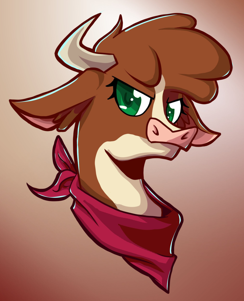 absurd_res arizona_cow_(tfh) bandanna bovid bovid_horn bovine brown_body brown_fur brown_hair bust_portrait cattle ears_down eyelashes female feral frown fur green_eyes hair hereford_cattle hi_res horn inner_ear_fluff kerchief looking_at_viewer mammal multicolored_body multicolored_fur neckerchief pink_nose pivoted_ears portrait red_bandanna red_kerchief red_neckerchief simple_background solo swayedy tan_body tan_fur them's_fightin'_herds tuft two_tone_body two_tone_face two_tone_fur