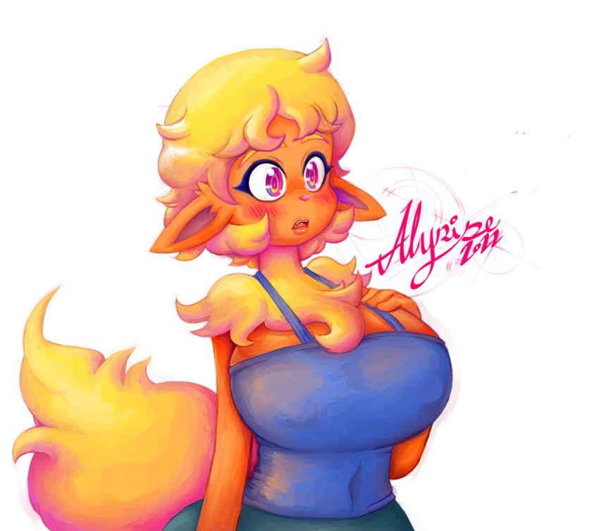2022 alyrise anthro big_breasts blonde_hair blush bottomwear breasts canid canine clothed clothing eeveelution female flareon fur generation_1_pokemon hair half-length_portrait hand_on_breast mammal multicolored_eyes navel_outline neck_tuft nintendo nipple_outline open_mouth orange_body orange_fur pokemon pokemon_(species) pokemorph portrait purple_eyes red_eyes shirt signature simple_background solo tank_top tight_clothing tight_topwear topwear tuft white_background