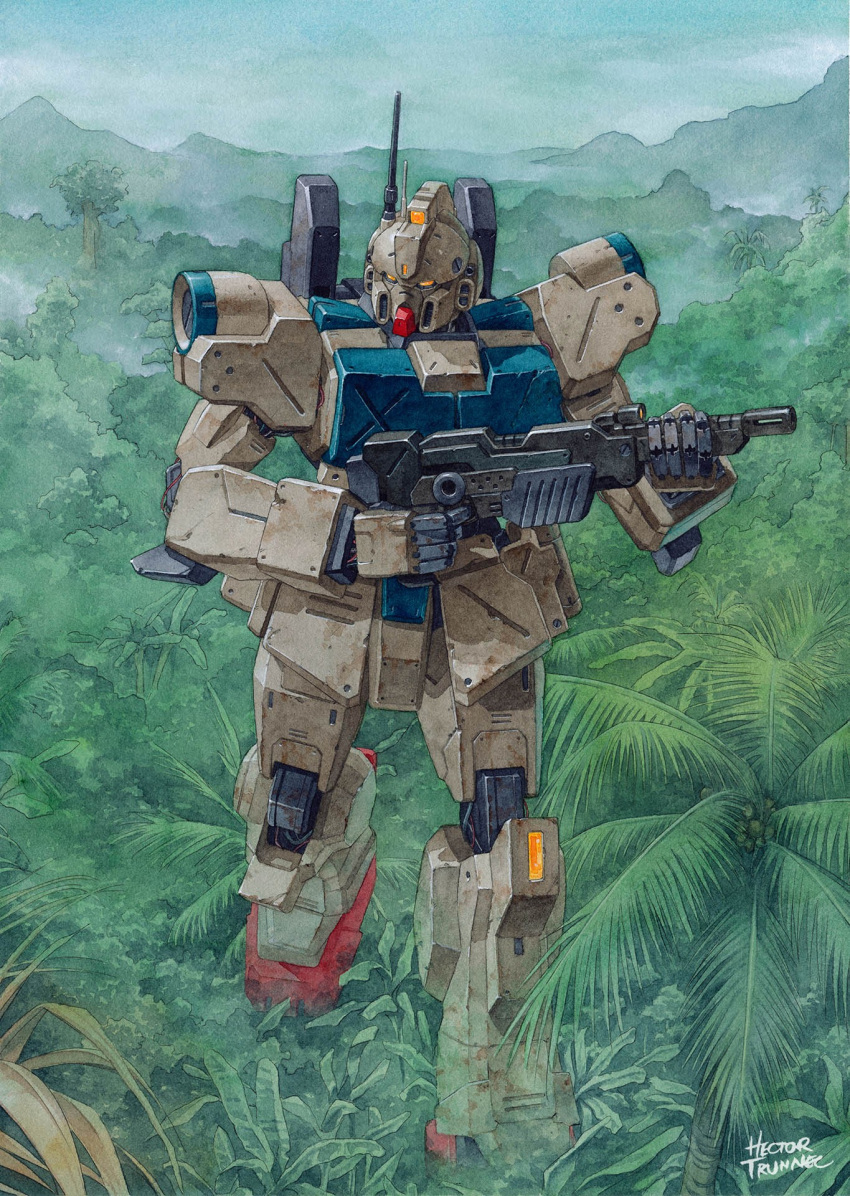 artist_name blue_sky commission day full_body gun gundam gundam_08th_ms_team gundam_ez8 hector_trunnec highres holding holding_gun holding_weapon jungle mecha mobile_suit mountainous_horizon nature no_humans outdoors painting_(medium) palm_tree radio_antenna robot science_fiction sky solo traditional_media tree walking watercolor_(medium) weapon yellow_eyes