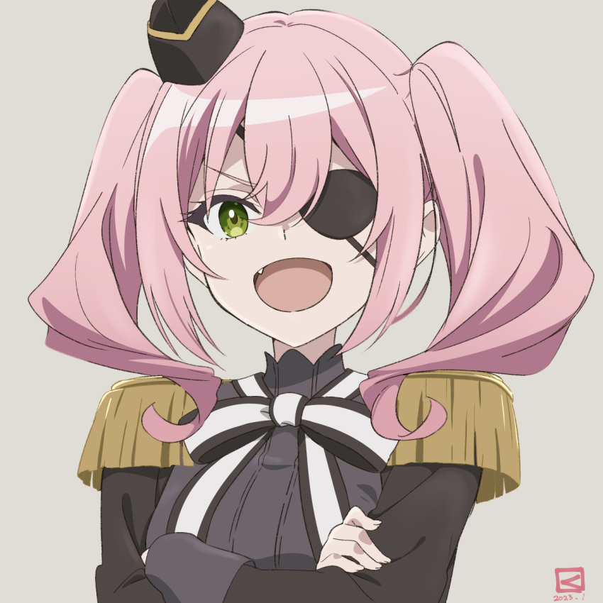 1girl :d annette_(spy_kyoushitsu) black_headwear commentary_request dated epaulettes eyepatch fang garrison_cap green_eyes grey_background hair_between_eyes hat highres long_sleeves looking_at_viewer miyahara_takuya open_mouth pink_hair short_hair simple_background smile solo spy_kyoushitsu twintails upper_body