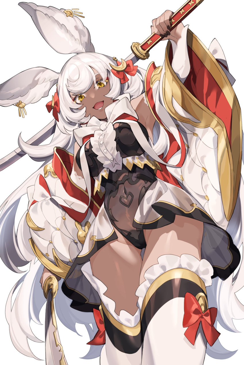 1girl :d absurdres animal_ears black_leotard bow breasts coat coat_partially_removed dark-skinned_female dark_skin frills granblue_fantasy grey_hair groin hair_bow highleg highleg_leotard highres hizuki_miya holding holding_sword holding_weapon katana leotard long_hair looking_at_viewer makura_(granblue_fantasy) medium_breasts ootachi open_mouth rabbit_ears red_bow see-through see-through_leotard showgirl_skirt skin_tight skirt smile solo sword thighhighs very_long_hair weapon white_coat white_skirt white_thighhighs yellow_eyes