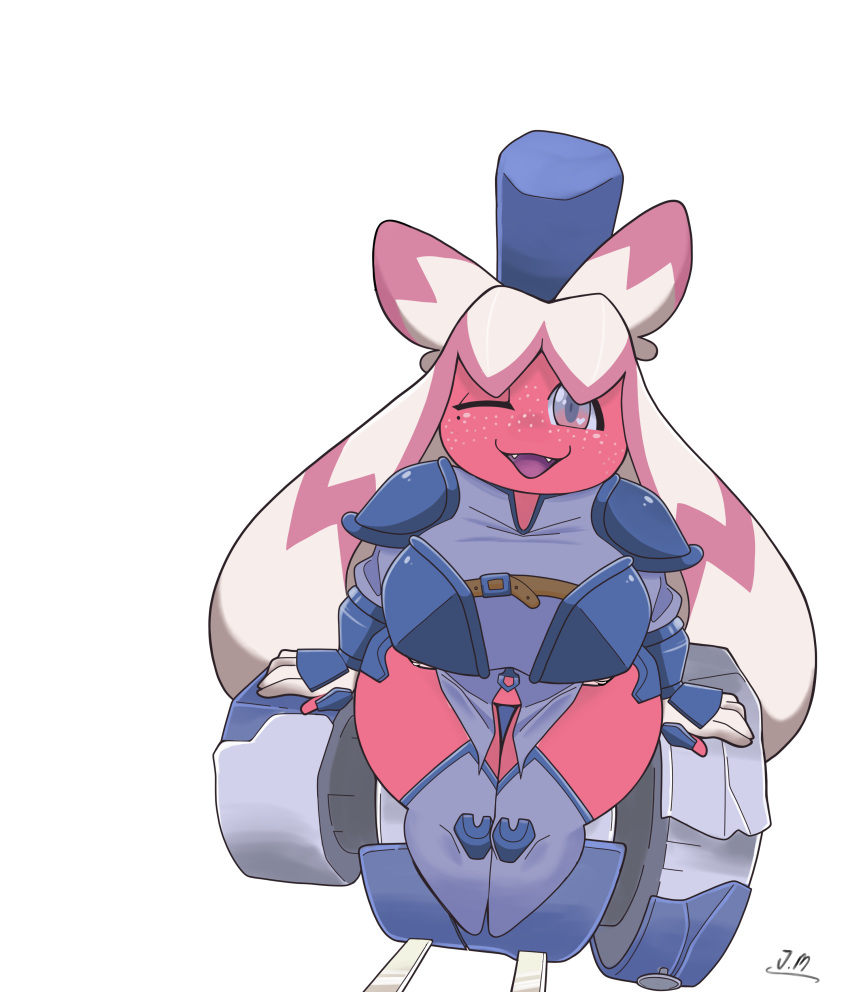 2022 absurd_res anthro armor breasts clothed clothing fan_character female female_focus freckles generation_9_pokemon hammer hi_res just_mae looking_at_viewer looking_up mithril_(solar_kosmo) nintendo one_eye_closed open_mouth pink_body pink_eyes pokemon pokemon_(species) short_stack signature simple_background sitting sitting_on_object solo tinkaton tools white_freckles wink