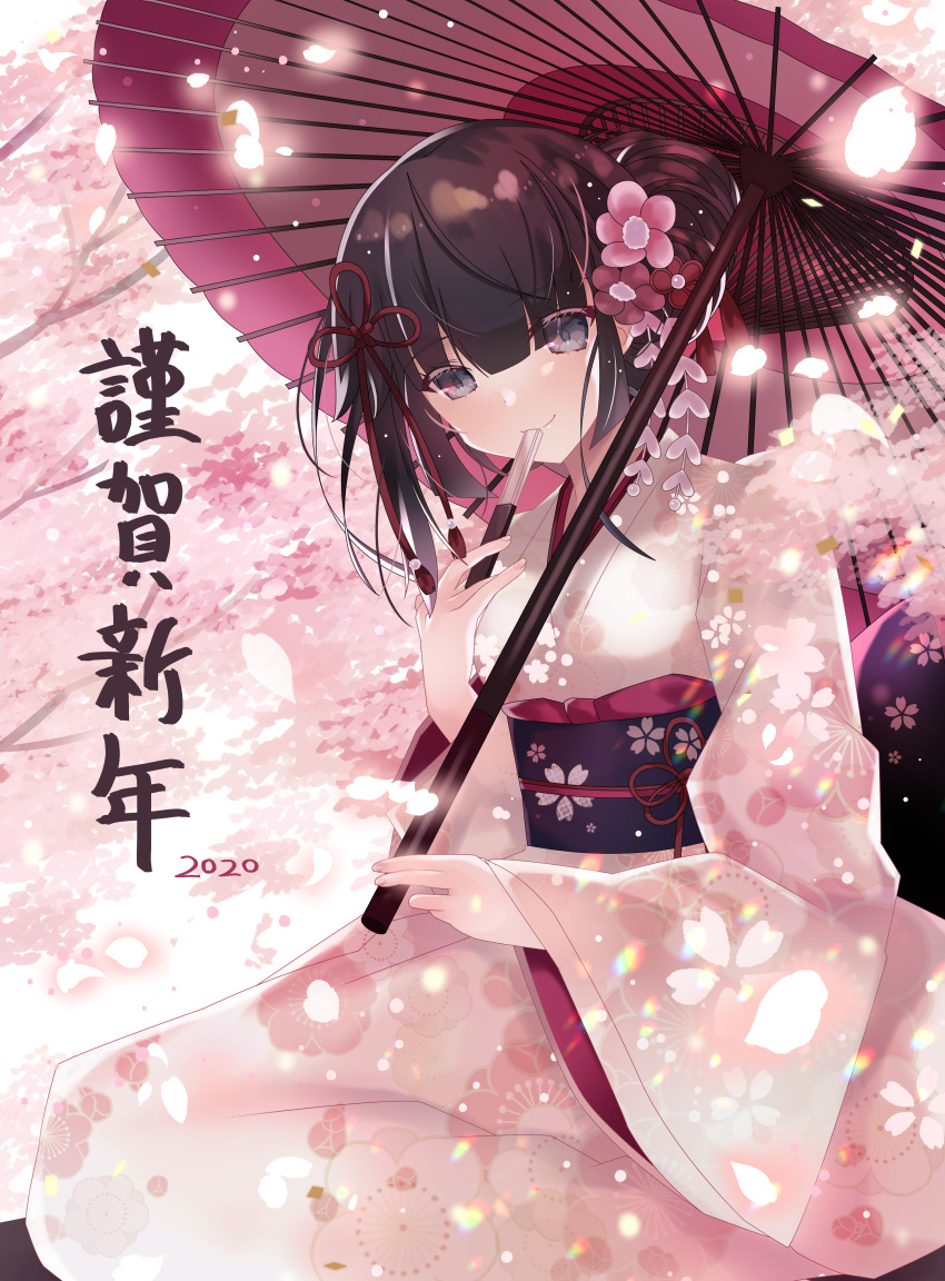 1girl 2020 absurdres aoi_yugina bangs black_eyes black_hair cherry_blossoms closed_mouth commentary day folding_fan furisode hair_ornament half_updo hand_fan happy_new_year highres holding holding_fan holding_umbrella japanese_clothes kimono light_particles long_sleeves looking_at_viewer new_year obi oil-paper_umbrella original outdoors petals pink_kimono sash short_hair sitting smile solo translated tree umbrella wide_sleeves