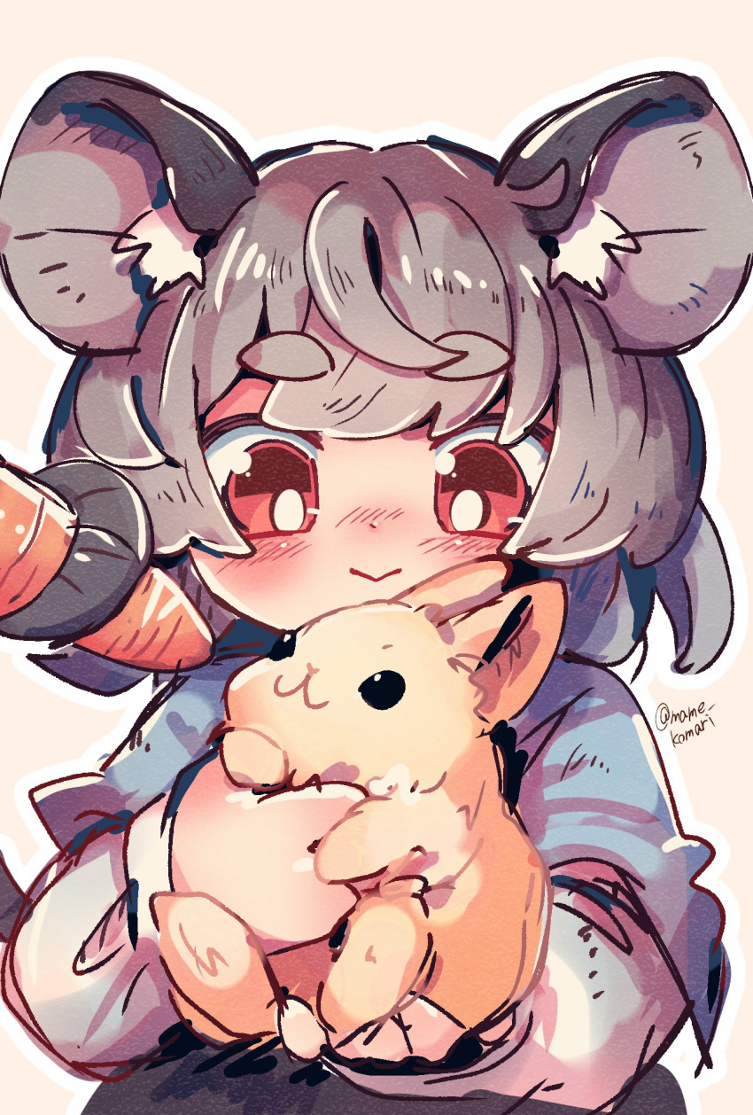 1girl :&gt; :3 animal animal_ear_fluff animal_ears bangs blue_capelet blush capelet carrot closed_mouth commentary_request grey_hair highres holding holding_animal holding_with_tail long_sleeves mame_komari medium_hair mouse_ears mouse_girl mouse_tail nazrin one-hour_drawing_challenge prehensile_tail rabbit red_eyes shirt smile solo tail touhou twitter_username upper_body white_shirt