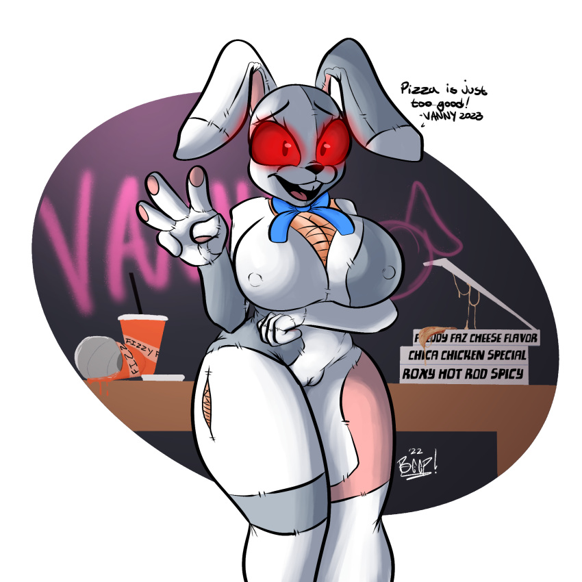 1:1 2023 beep! big_breasts bow_tie breasts buckteeth clothed clothing dialogue digital_media_(artwork) english_text female five_nights_at_freddy's five_nights_at_freddy's:_security_breach genitals hi_res human lagomorph leporid looking_at_viewer mammal nipples open_mouth pussy rabbit scottgames smile solo teeth text vanny_(fnaf)