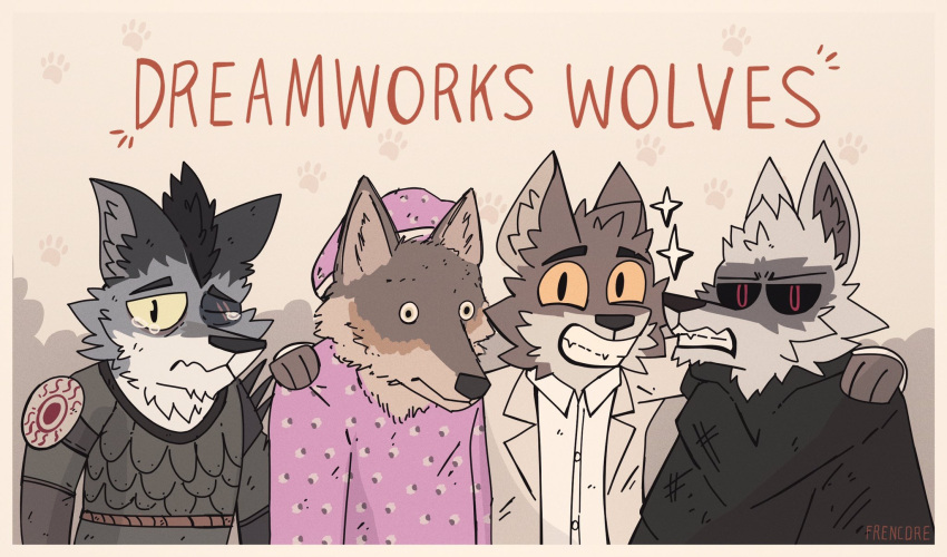 anthro armor big_bad_wolf_(shrek) blank_expression bodily_fluids boss_wolf brown_body brown_fur canid canine canis clothing crying death_(puss_in_boots) dreamworks frenetic_wolf frown fur grey_body grey_fur group hi_res kung_fu_panda male mammal mr._wolf_(the_bad_guys) pajama_shirt pajamas puss_in_boots_the_last_wish shrek_(series) smile smiling_at_viewer snarling sparkles standing suit tears the_bad_guys white_body white_fur wolf