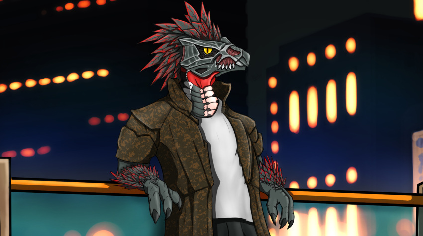 3_fingers alien alien_humanoid anthro arm_tuft avian bird bottomwear city city_background cityscape claws clothed clothing fangs feather_hair feathered_crest feathers finger_claws fingers fully_clothed grey_body grey_feathers h56_(hikkoro) halo_(series) head_crest hi_res humanoid jacket kig-yar leaning leaning_back leaning_on_railing looking_at_viewer male microsoft multicolored_body multicolored_feathers open_clothing open_jacket open_topwear pants pseudo_hair pupils red_body red_feathers scalie shirt slit_pupils solo t'vaoan teeth topwear translucent tuft two_tone_body two_tone_feathers xbox_game_studios yellow_eyes