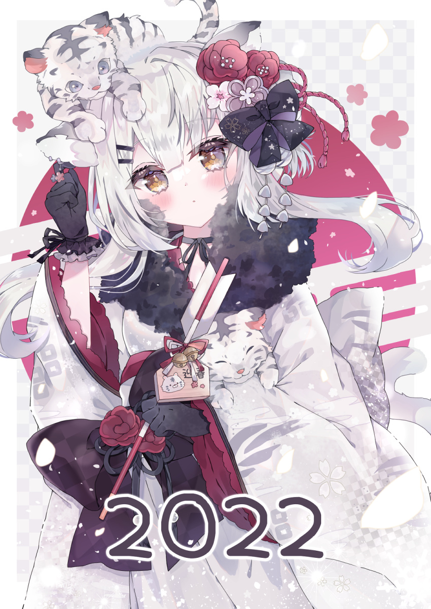 1girl 2022 animal animal_ears animal_on_head aoi_yugina arrow_(projectile) bangs black_bow black_choker black_gloves bow brown_eyes checkered_background chinese_zodiac choker cowboy_shot cub egasumi ema fur_collar gloves grey_hair grey_kimono hair_bow hair_ornament hamaya highres holding holding_animal holding_arrow japanese_clothes kimono long_hair long_sleeves looking_at_viewer new_year obi on_head original ribbon_choker sash snowing solo standing tiger tiger_ears tiger_girl wide_sleeves wind year_of_the_tiger