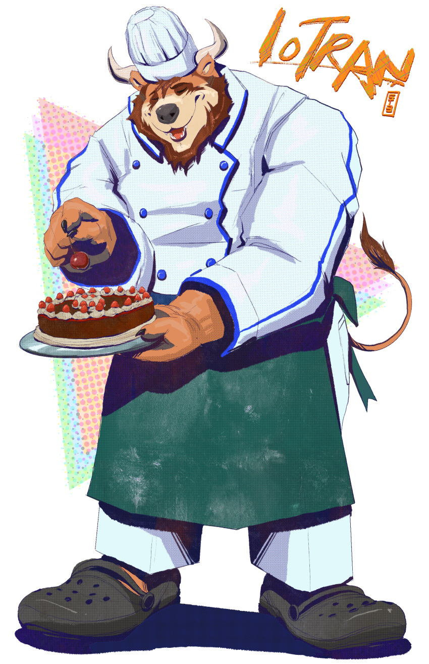 2021 absurd_res anthro bear beard bovid bovine brown_beard brown_body cake cattle character_name chef_hat chef_uniform cherry clothing crocs dessert digital_media_(artwork) eyes_closed facial_hair food fruit full-length_portrait hat headgear headwear hi_res holding_cake holding_food holding_object hybrid iotran_(character) male mammal overweight overweight_male pinkgirlpen plant portrait solo tail tail_tuft tuft