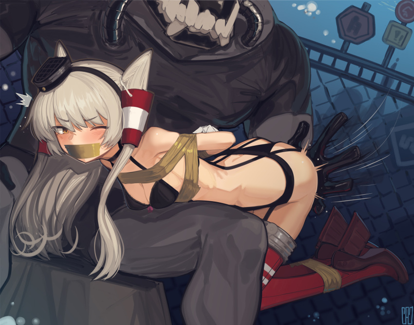 1boy 1girl amatsukaze_(kancolle) black_bra black_panties boots bound bra breasts brown_eyes cad_(caddo) gag gagged hair_tubes high_heel_boots high_heels highres improvised_gag kantai_collection long_hair one_eye_closed over_the_knee panties red_footwear rudder_footwear small_breasts smokestack_hair_ornament spanking tape tape_bondage tape_gag thigh_boots two_side_up underwear