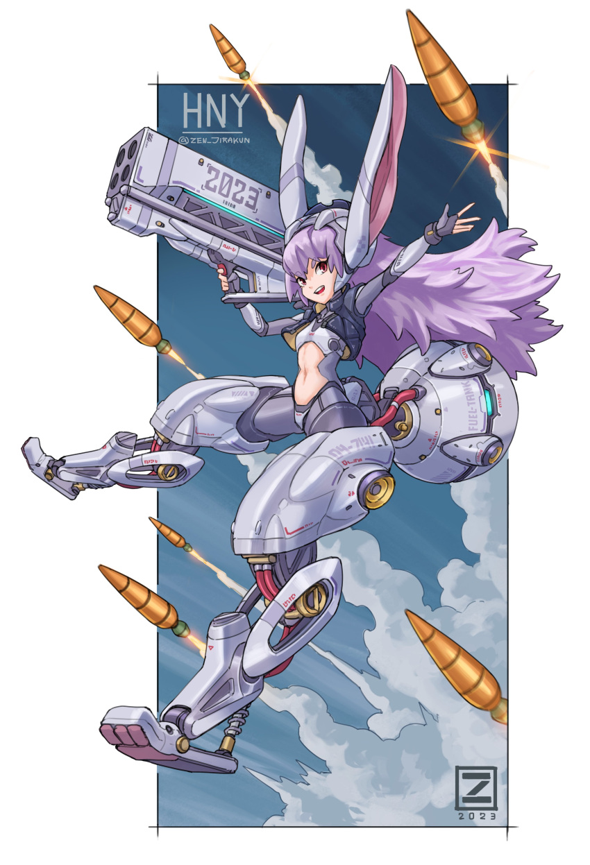 1girl 2023 absurdres animal_ears breasts center_opening chinese_zodiac crop_top digitigrade english_commentary fake_animal_ears fingerless_gloves full_body gloves highres long_hair mecha_musume mechanical_ears mechanical_legs mechanical_tail missile navel original purple_hair red_eyes rocket_launcher small_breasts solo tail weapon year_of_the_rabbit zen_(jirakun)