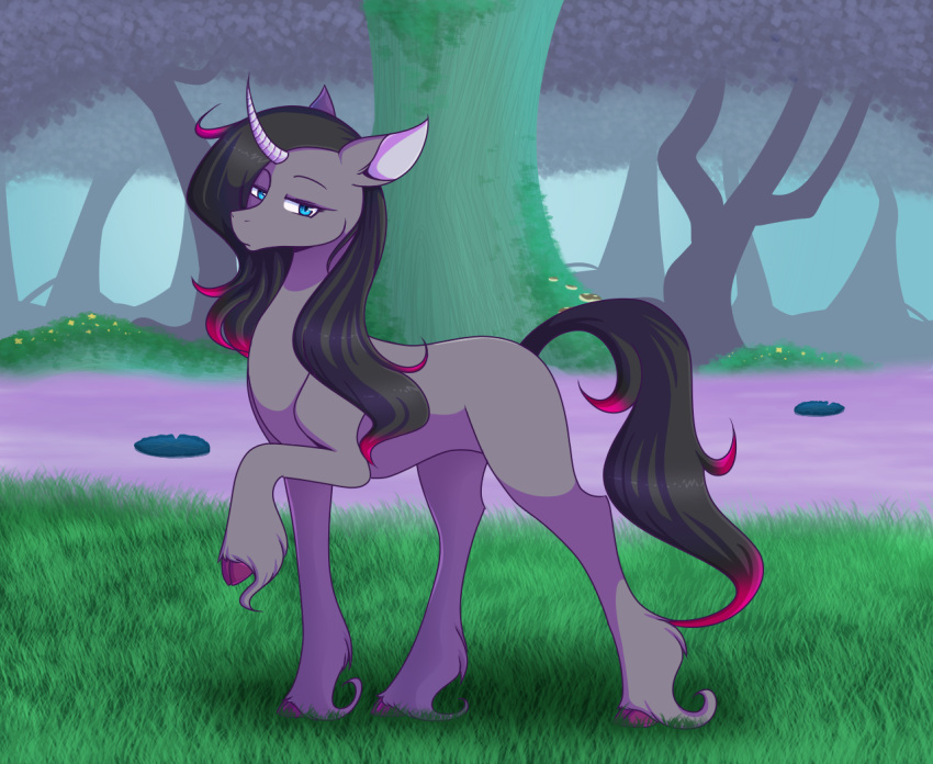 2018 black_hair black_tail blue_eyes cloven_hooves curved_horn daikaluff digital_drawing_(artwork) digital_media_(artwork) equid equine female feral fetlocks forest forest_background full-length_portrait fur grass grey_body grey_fur hair hooves horn looking_at_viewer mammal nature nature_background oleander_(tfh) plant portrait purple_hooves quadruped raised_hoof solo standing tail them's_fightin'_herds tree unicorn woodland