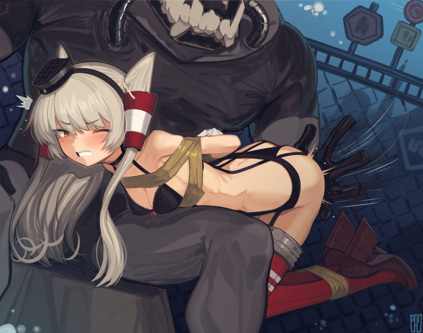 1boy 1girl amatsukaze_(kancolle) black_bra black_panties boots bound bra breasts brown_eyes cad_(caddo) hair_tubes high_heel_boots high_heels highres kantai_collection long_hair one_eye_closed over_the_knee panties red_footwear rudder_footwear small_breasts smokestack_hair_ornament spanking tape tape_bondage thigh_boots two_side_up underwear