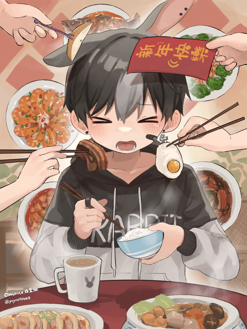 &gt;_&lt; 1boy absurdres animal_ears bacon black_hair blush bowl chinese_commentary chinese_zodiac chopsticks commentary disembodied_limb english_commentary english_text feeding food fried_egg grey_hair happy_new_year highres holding holding_food jewelry lower_teeth_only male_focus menu mixed-language_commentary multicolored_hair omurice_(roza4957) open_mouth original plate rabbit_boy rabbit_ears rice_bowl ring solo teeth two-tone_hair year_of_the_rabbit