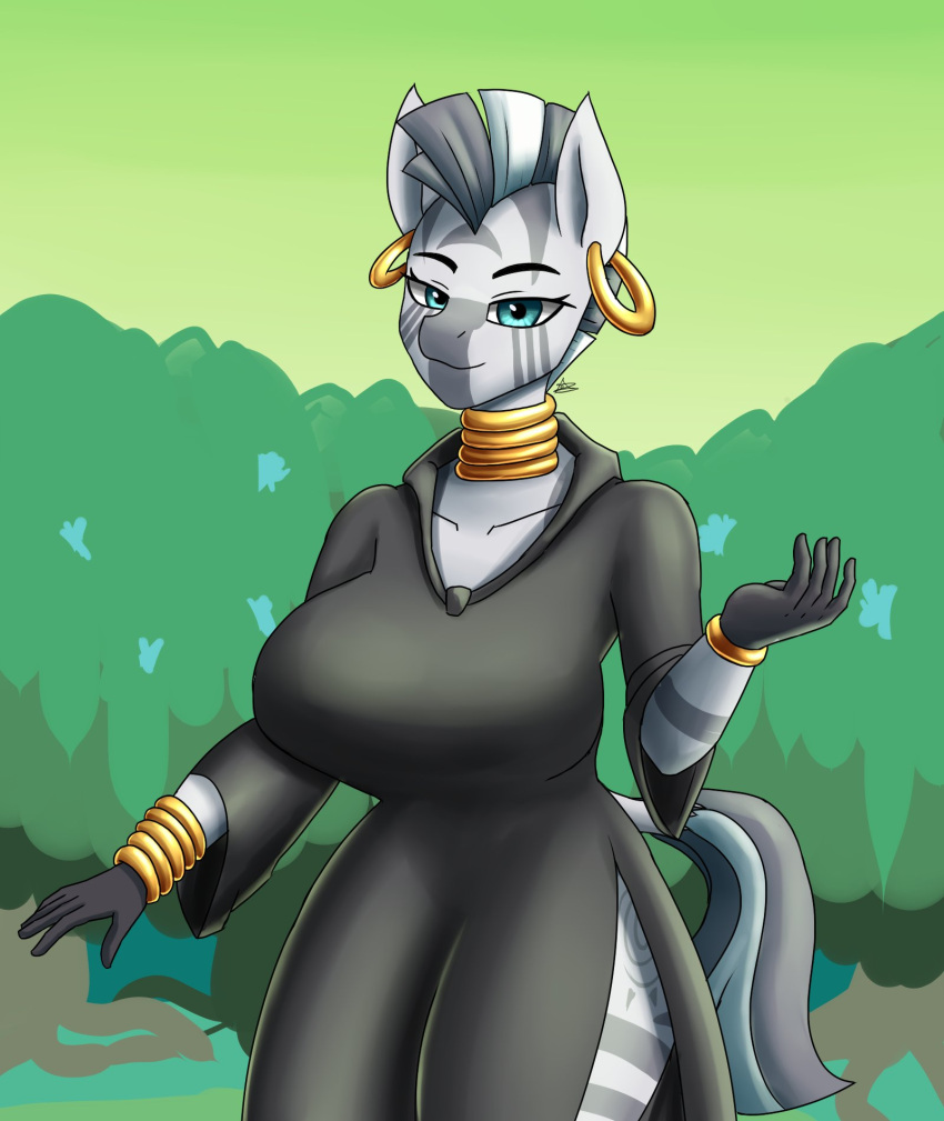 2022 5_fingers anthro anthrofied big_breasts black_clothing blue_eyes breasts clothed clothing collar digital_drawing_(artwork) digital_media_(artwork) ear_piercing ear_ring equid equine female fingers forest forest_background friendship_is_magic gold_(metal) grey_body grey_hair grey_stripes grey_tail hair hasbro hi_res humanoid_hands looking_at_viewer mammal multicolored_hair my_little_pony nature nature_background neck_ring piercing plant portrait ring ring_piercing signature solo striped_body stripes tail thick_thighs three-quarter_portrait tree two_tone_hair white_hair zachc zebra zecora_(mlp)