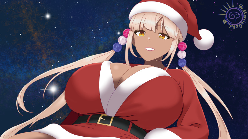 1girl absurdres breasts christmas dark-skinned_female dark_skin hair_ornament hat highres holocouncil hololive hololive_english large_breasts light_brown_hair long_hair looking_at_viewer md5_mismatch merriegold_d planet_hair_ornament santa_costume santa_hat self_upload snow tsukumo_sana twintails very_long_hair virtual_youtuber yellow_eyes