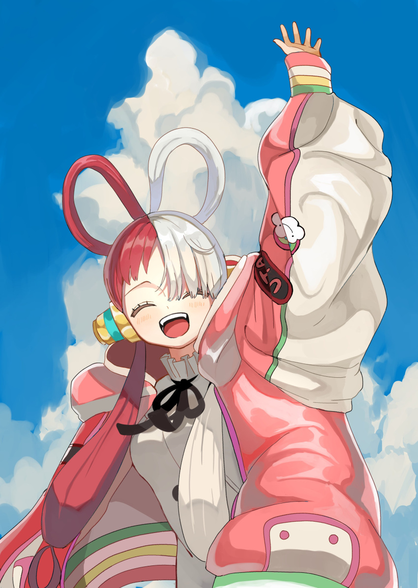 1girl :d ^_^ absurdres blush closed_eyes dress hair_over_one_eye hair_rings headphones highres jacket long_hair long_sleeves low_twintails maple_(abc2215) multicolored_hair neck_ribbon one_piece one_piece_film:_red open_clothes open_jacket open_mouth puffy_long_sleeves puffy_sleeves red_hair ribbon smile solo split-color_hair twintails two-tone_hair uta_(one_piece) white_dress white_hair