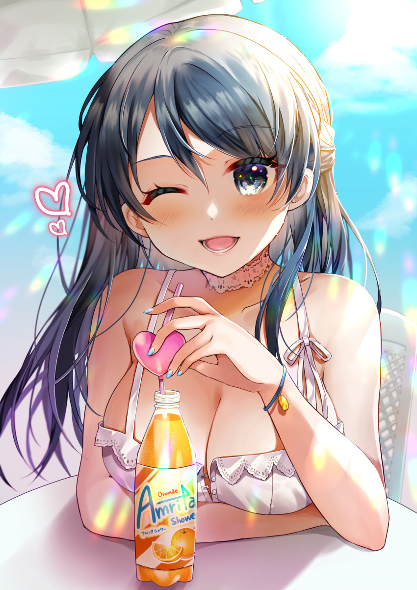 1girl ;d absurdres alternate_costume bangs bare_shoulders blue_hair blush bottle breasts cleavage collarbone commentary_request commission dress drink drinking_straw fire_emblem heart highres holding holding_drink juice large_breasts long_hair looking_at_viewer one_eye_closed open_mouth oribe_tsubasa skeb_commission sleeveless sleeveless_dress smile soda_bottle solo sundress sunlight tokyo_mirage_sessions_fe white_dress yam_(yamap_mako)