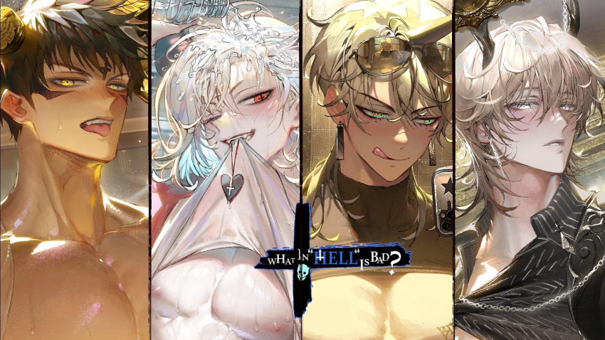 4boys beelzebub_(what_in_hell_is_bad) blinking dark-skinned_male dark_skin demon_boy facial_mark heart highres horns leviathan_(what_in_hell_is_bad) looking_at_viewer male_focus mammon_(what_in_hell_is_bad) mouth_hold multiple_boys official_art pale_skin red_eyes shirt short_hair tongue tongue_out what_in_hell_is_bad white_hair yellow_eyes
