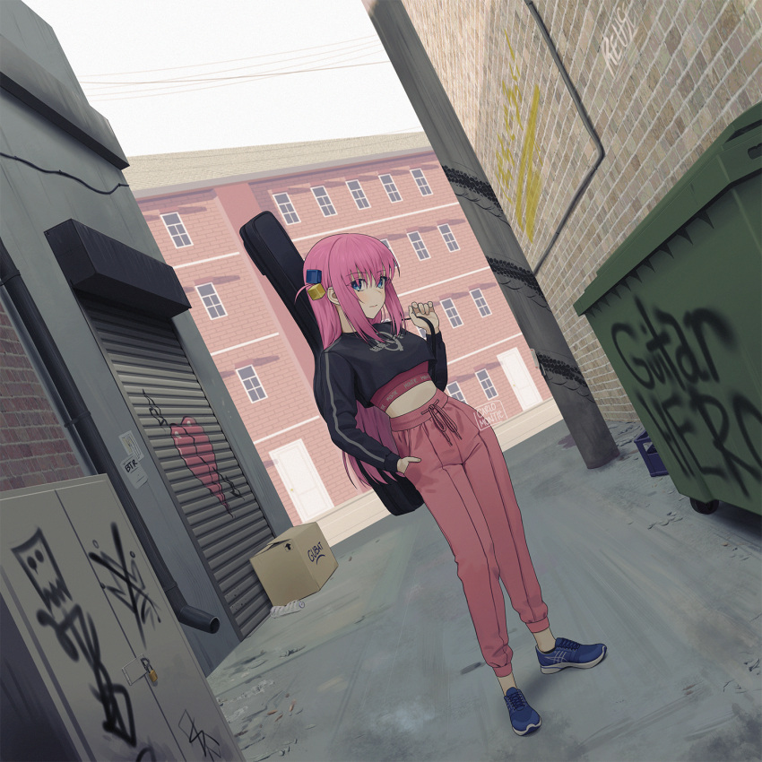 1girl alley bangs blue_eyes bocchi_the_rock! box cardboard_box carlo_montie crop_top cube_hair_ornament day full_body gotou_hitori graffiti guitar hair_ornament hair_over_eyes highres instrument instrument_case long_hair long_sleeves looking_at_viewer midriff one_side_up outdoors pants pink_hair pink_pants shoes sneakers solo standing