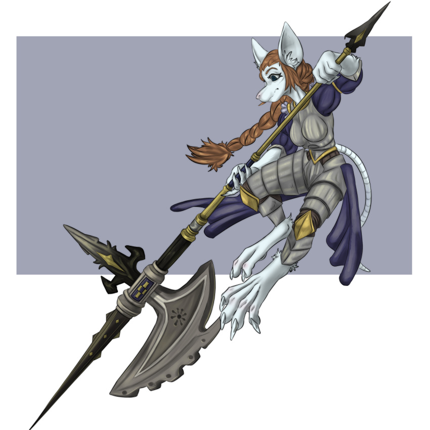 absurd_res anthro armor braided_hair braided_ponytail brown_hair burmecian claws final_fantasy gynomorph hair halberd hi_res hibris intersex jumping mammal melee_weapon polearm ponytail rodent ser_ori_tuft solo solo_focus square_enix toe_claws weapon